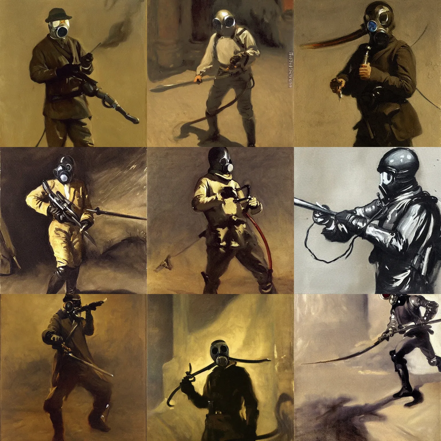 Prompt: Man using gas mask with a rapier at night, a painting by John Singer Sargent