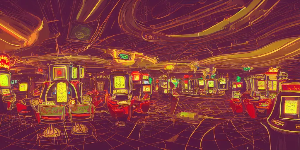 Image similar to extreme wide angle curly perspective digital art of indoor casino with a stage pale colors by anton fadeev from nightmare before christmas