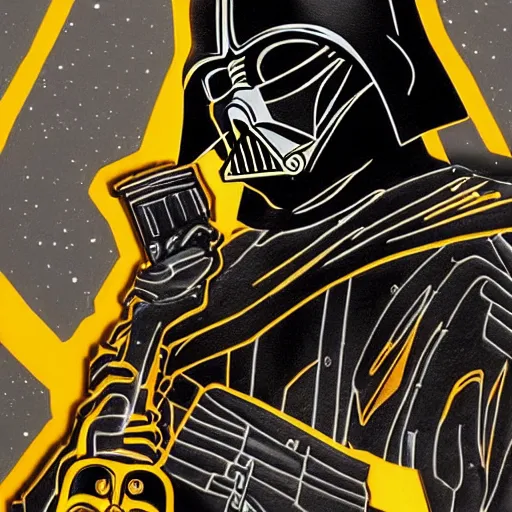 Prompt: gold bordered mural of a futuristic darth vader holding a turkey leg, hyper realistic, cyberpunk, nightcore, 4 k, highly detailed, beautifully rendered