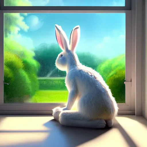 Image similar to beautiful peaceful dreamy painting of a big bunny sitting by a window and looking outside, sunshine coming through the window, small plants on the window sill, 8k, hyper realism, trending on artstation, octane render