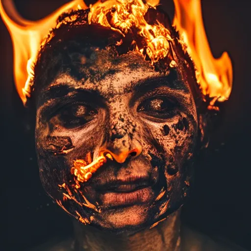 Image similar to portrait of a person who feels fear and agony while burning alive, 8k, highly detailed, photography