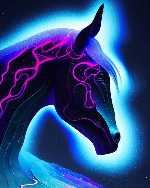 Image similar to 3 d ornate carved dark cosmic horse with profile portrait, sigma 5 0 0 mm f / 5. beautiful intricate highly detailed mongolian horse. bioluminescent, plasma, lava, ice, water, wind, creature, thunderstorm! artwork by tooth wu and wlop and beeple and greg rutkowski, 8 k trending on artstation