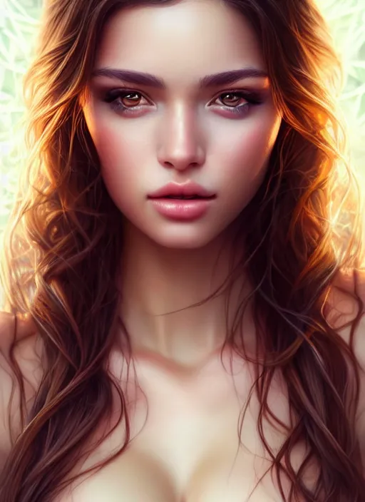 Image similar to a gorgeous female photo, professionally retouched, soft lighting, chest covered with palm leaves, realistic, smooth face, perfect eyes, wide angle, sharp focus on eyes, 8 k high definition, insanely detailed, intricate, elegant, art by artgerm and wlop