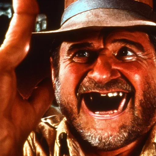 Image similar to Danny Devito as Indiana Jones, film still from Indiana Jones and the Temple of Doom, detailed, 4k
