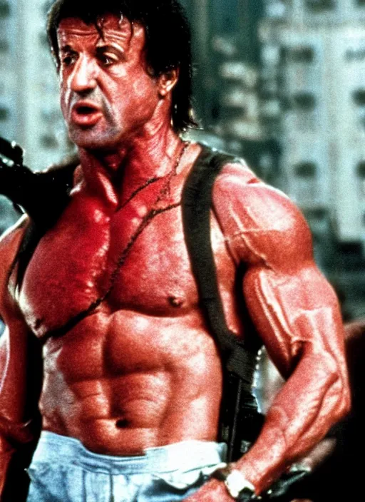 Image similar to film still of Sylvester Stallone as John McClane in Die Hard, 4k