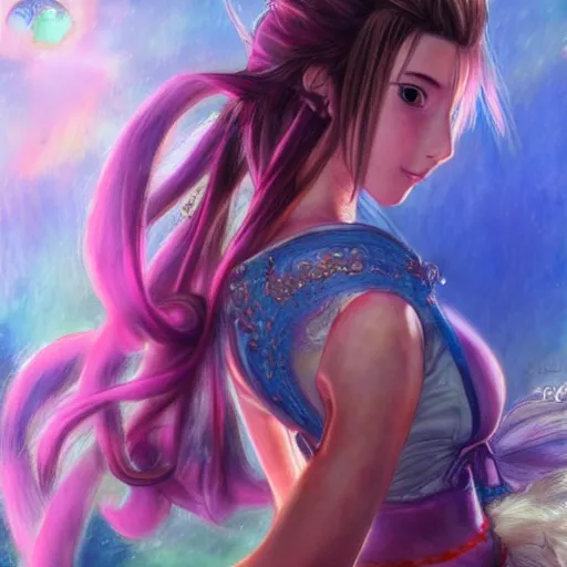 Prompt: dreamy colorful portrait drawing of aerith gainsborough from from final fantasy 7 in her signature outfit with the steam punk city midgard as backdrop, by master artist yoshitaka amano trending on artstation