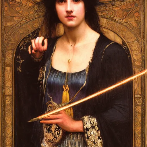 Prompt: orientalist portrait of a tired!! witch in formal wear holding an iridescent oak magic wand intricate portrait by john william waterhouse and Edwin Longsden Long and Theodore Ralli and Henryk Siemiradzki, very coherent symmetrical artwork. Cinematic, hyper realism, high detail 8k