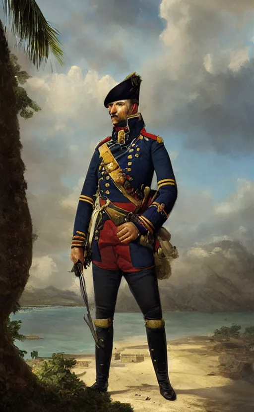 Prompt: Portrait of a napoleonic army officer overlooking a tropical island, male, detailed face, 19th century, highly detailed, cinematic lighting, digital art painting by greg rutkowski