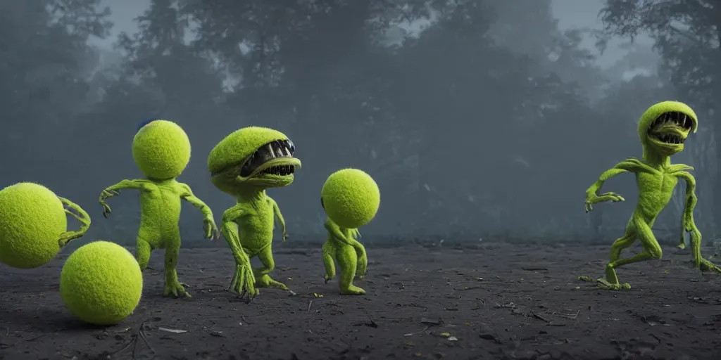 Image similar to a photo of 8 k ultra realistic tennis ball monsters, tennis ball monsters, alien exotic, cinematic lighting, trending on artstation, 4 k, hyperrealistic, focused, high details, unreal engine 5, cinematic, alien planet atmosphere in background, 3 d render by basil gogos