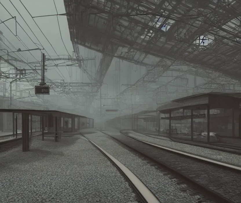 Image similar to A urban train station, gloomy and foggy atmosphere, octane render, artstation trending, horror scene, highly detailded