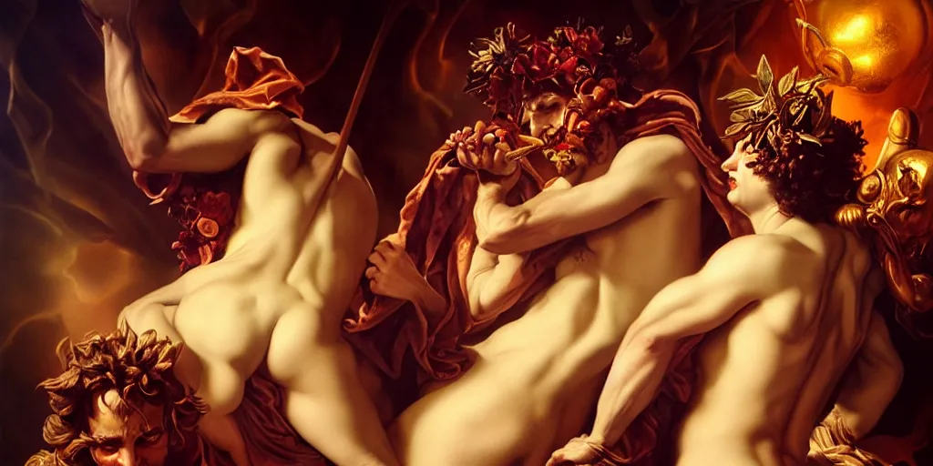 Image similar to a revel with Dionysus and Silenus, by Rolf Armstrong and Evelyn De Morgan and Bastien Lecouffe-Deharme, dramatic lighting, high contrast colors, baroque, empyrean, panoramic view, as trending on Artstation, highly detailed, doom engine,