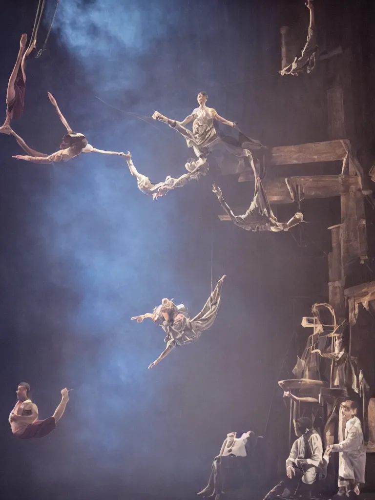 Image similar to a shakespeare stage play, dark blue mist, atmospheric, set design by Michel Crête, Aerial acrobatics design by André Simard, hyperrealistic, 4K, Baraka