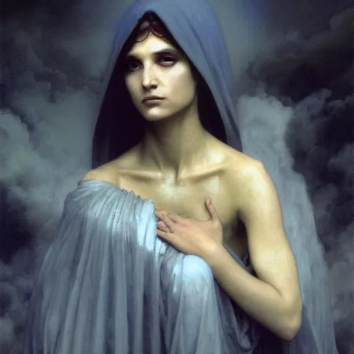 Image similar to awe-inspiring award-winning concept art painting of attractive figure in black shrouds called the ghost of the moonbow queen, rainbow, by Michael Whelan, William Adolphe Bouguereau, John Williams Waterhouse, and Donato Giancola, cyberpunk, extremely moody lighting, glowing light and shadow, atmospheric, shadowy, cinematic, 8K