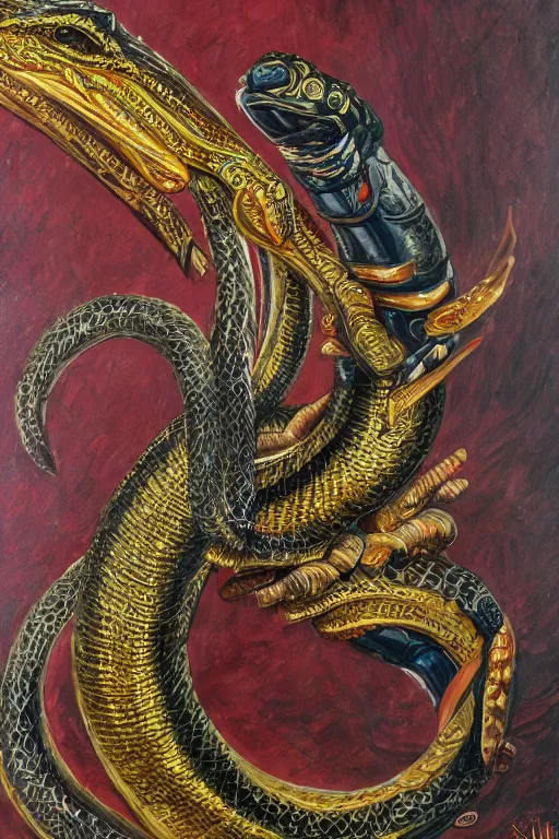 Prompt: Oil Painting of King Cobra, artistic, intricate, ornate, hyper detailed, 4k