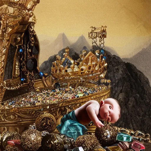 Prompt: a baby crawls away from a pile of jewels and toward a pile of coal in a throne room, detailed and realistic matte painting