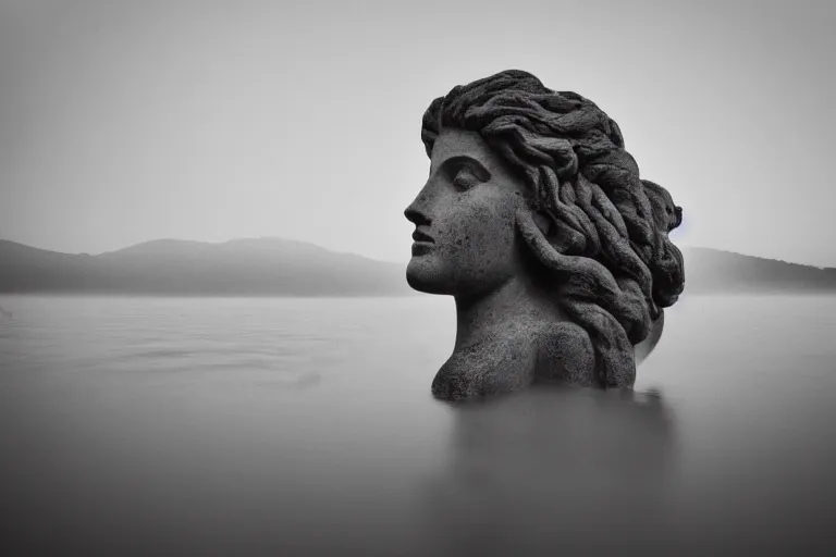 Prompt: masterpiece head of a giant statue of a beautiful! antic goddess with long hair, scuplted by MichelAngelo, partly sunken! in the lake!, important mist, lomography photo effect, monochrome, noise grain film, cl, surface view