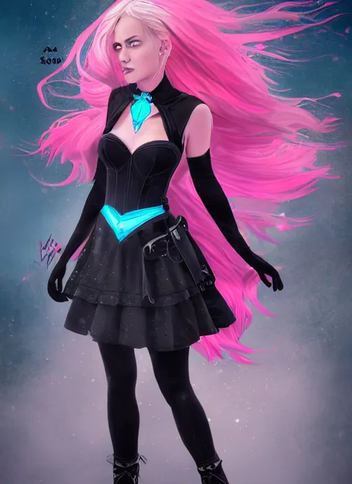 Image similar to An epic fantasy comic book style portrait painting of a young women, with pink hair, short black skirt, black leggings, blue shoes, cyan corset, with a cyan heart necklace Unreal 5, DAZ, hyperrealistic, octane render, cosplay, RPG portrait, dynamic lighting