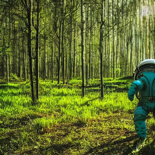 Prompt: An astronaut exploring a green swamp in an alien planet at golden hour