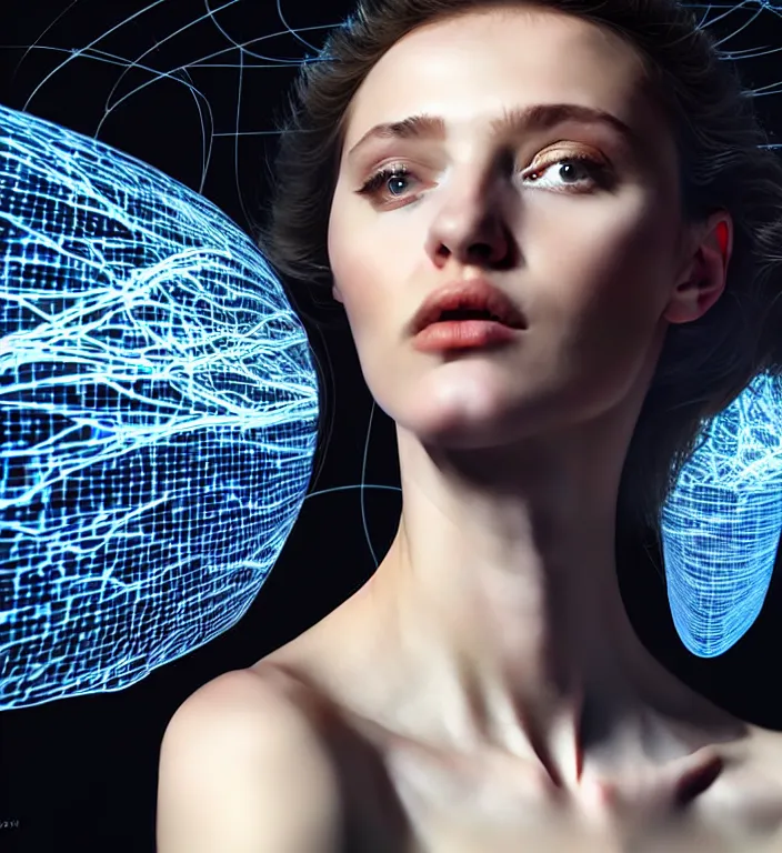 Image similar to hyperrealism photography computer simulation visualisation of parallel universe cgi scene with beautiful highly detailed ukrainian woman by caravaggio wearing neofuturistic neural interface by josan gonzalez - s 1 5 0