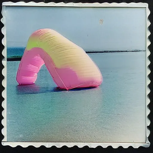 Prompt: a pastel colour high fidelity Polaroid photo from a holiday album at a seaside with abstract inflatable parachute furniture, all objects made of transparent iridescent Perspex no people, nostalgic