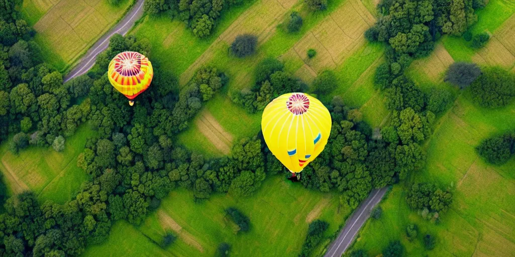 Image similar to hot air balloon, beautiful landscape, bird's eye view