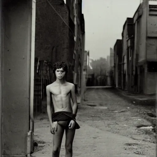 Prompt: a teenage boy, around 1 9 years old with natural brown hair, loincloth, pale skin. as homeless. detailed face. ominous and eerie looking street in background. natural color. hyperrealistic photo.