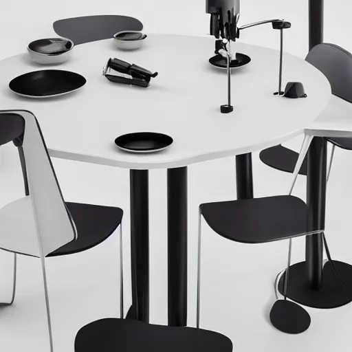 Image similar to a dining set designed by james dyson, white background, studio photograph