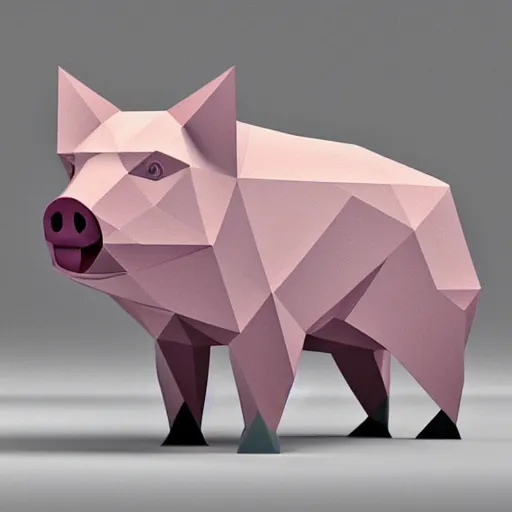 Image similar to a geometric low poly pig, by mark li