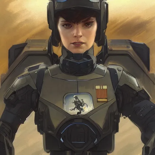 Prompt: woman dressed in scifi military uniform and armor with black hair and blue eyes, piloting a mech, elegant, digital illustration, detailed, intricate, sharp focus, digital painting, deep focus, digital painting, artstation, concept art, matte, art by artgerm and greg rutkowski and alphonse mucha