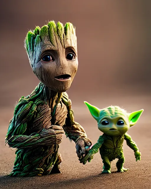 Prompt: a portrait of baby groot and baby yoda walking whilst holding hands, highly detailed, trending on artstation, bokeh, 9 0 mm, f / 1. 4