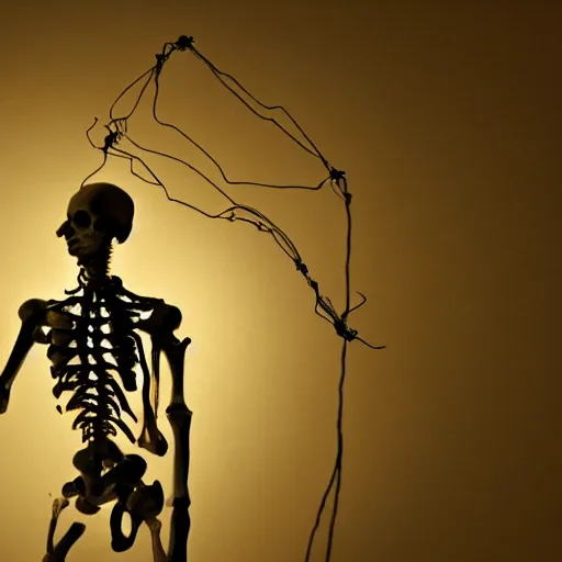 Prompt: translucent skin over a bone and wire man, moody, backlighting, hi res photoreal, dramatic