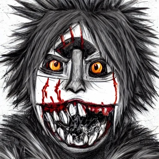 Prompt: scary anime Portrait of horrific Youppi the Habs Montreal Canadiens Mascot as a very dead powerful and violent pokemon, Youppi eating Boston Bruins Bear Logo, lots of blood, highly detailed anime, high evolution, 1990s, haunted shiny legendary, darkness, smooth, sharp focus, dynamic lighting, intricate, trending on ArtStation, stuff of nightmares, illustration pokemon, art by WLOP