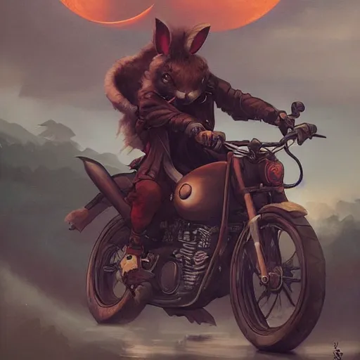 Image similar to bunny wearing a leather jacket riding a motorbike during sakura season on a blood moon, by peter mohrbacher, james jean, wlop, greg rutkowski, rule of thirds, dynamic pose, action pose, beautiful landscape