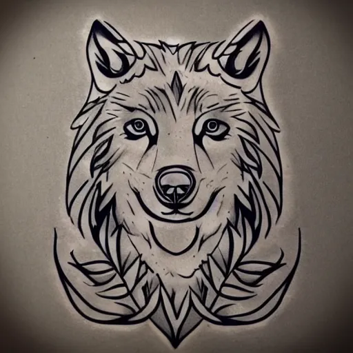 Image similar to concept tattoo design, stencil, bear, wreath surrounding wolf