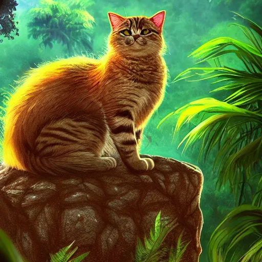 Image similar to a cat seated on a rock in a jungle!, mist, tropical trees, vines, birds, sunset!, fluffy clouds, warm colors, beautiful lighting, digital art, intricate details, trending on artstation