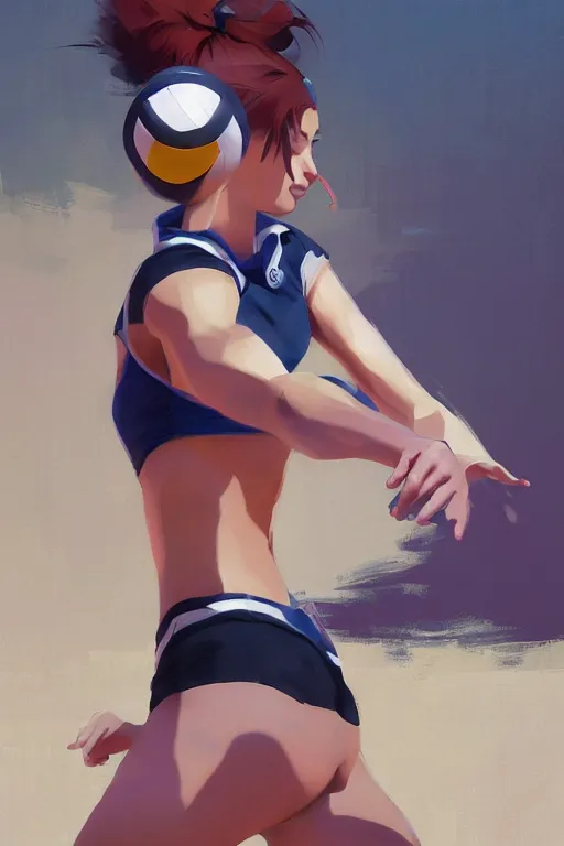 Image similar to A ultradetailed beautiful panting of a stylish woman playing volleyball, Oil painting, by Ilya Kuvshinov, Greg Rutkowski and Makoto Shinkai