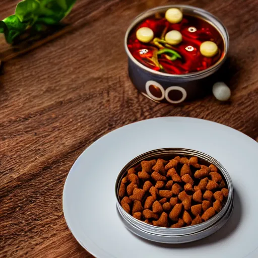 Prompt: canned dog food on a plate, gourmet michelin restaurant, food photography, DOF