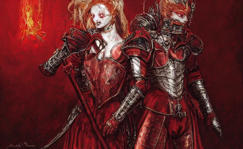 Image similar to redhead queen knight in red armor, inside grand hall in castle with rococo aesthetic, exposed beating heart in chest, crown, face with scars, dark souls 3, intimidating, ominous, evil, high fantasy, intricate detail, digital painting, artstation, concept art, smooth, sharp focus, illustration, art by yoshitaka amano and monia merlo and giger and wlop