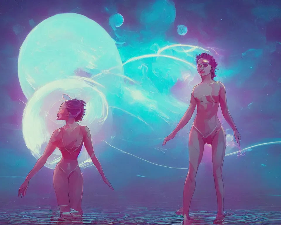 Image similar to beautiful determined goddess standing on a lake basking in the moonlight, conjuring a demon, underneath a multi-colored binary blackhole with an accretion disc, glowing trails following her arms, wearing professional makeup, synthwave, by Lois van Baarle, by Greg Rutkowski, by artgerm, by beeple, by studio ghibli, cinematic angle, volumetric lighting, 4k resolution, octane render, trending on artstation, masterpiece