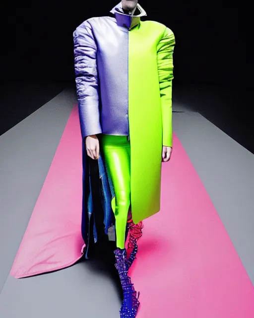 Prompt: an award winning fashion photograph of Balenciaga's techno jacket by Catherine Opie and Demna Gvasalia, cyberpunk, futuristic, Bladerunner 2049, dazzle camouflage!, chromatic, pearlescent, prismatic, dayglo pink, dayglo blue