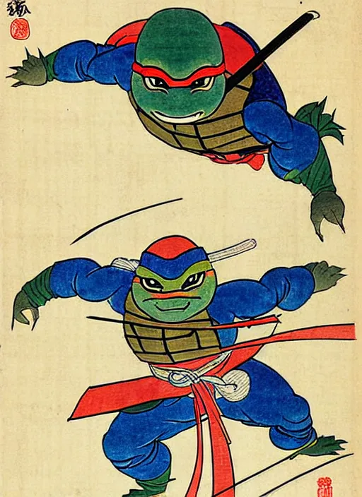 Prompt: a ninja turtle as a yokai illustrated by kawanabe kyosai and toriyama sekien