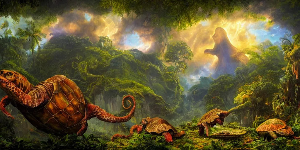 Image similar to fantasy oil painting, great leviathan, turtle cephalopod terrapin reptilian pachyderm amphibian hybrid, rainforest mountains, lush plants flowers, epic natural light, bright clouds, luminous sky, spacecraft, outer worlds, bright cinematic key lighting, michael cheval, michael whelan, vray, 8 k hd