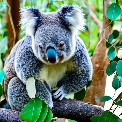 Prompt: Photo of a koala with a top hat eating eucalyptus