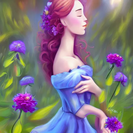 Image similar to a picture of a dreaming woman with flowers grow out of hair, roses peonies forget-me-nots dahlias lupins gladioli, sky theme in background, Digital Art, Trending on artstation