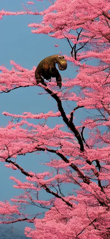 Image similar to “ a portrait photo of tyrannosaurus at a sakura tree, side shot, by shunji dodo, 8 k resolution, high quality ”