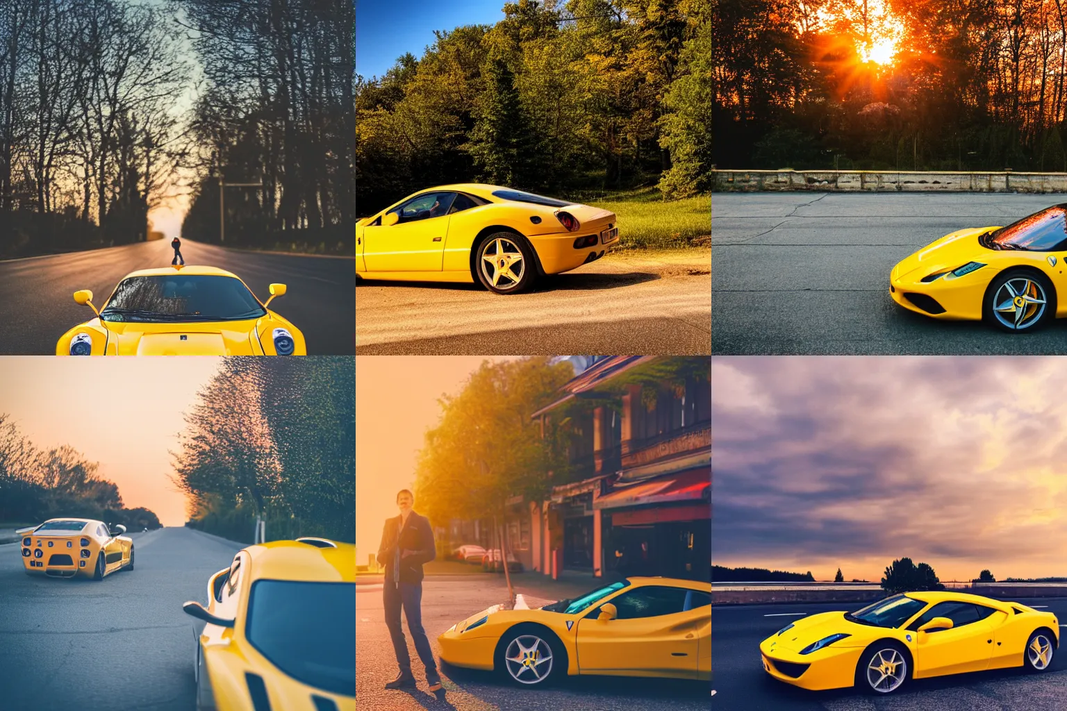 Prompt: a vibrant photograph of a slavic man, yellow ferrari, wide shot, outdoors, sunset photo at golden hour, wide-angle lens, soft focus, shot on iPhone 6