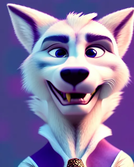 Image similar to portrait of cute anthropomorph white wolf in the style of zootopia, volumetric light, artstation, concept art, 8 k, high detail, perfect