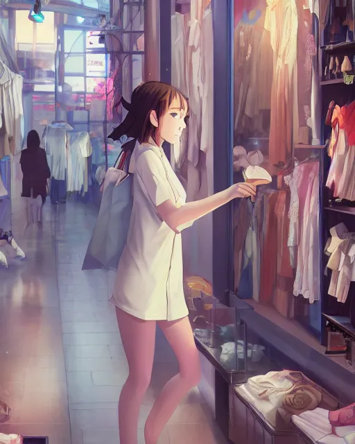 Prompt: a girl shopping for clothes, full shot, atmospheric lighting, detailed face, by makoto shinkai, stanley artger m lau, wlop, rossdraws, james jean, andrei riabovitchev, marc simonetti, krenz c