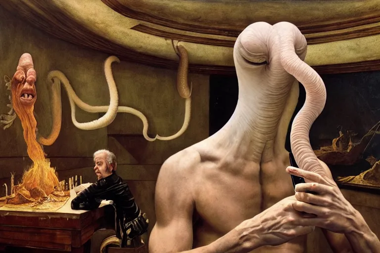 Image similar to hyperrealism aesthetic ridley scott and caravaggio and denis villeneuve style photography of a detailed giant squidward, siting on a detailed ultra huge toilet and scrolling his smartphone in surreal scene from detailed art house movie in style of alejandro jodorowsky and wes anderson