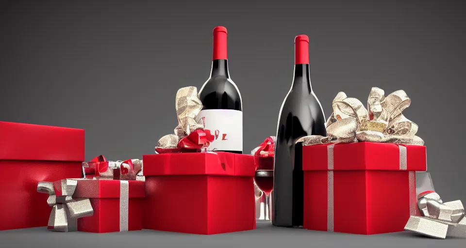 Prompt: a beautiful 3 d render of a box with a bottle of wine wrapped as a present, corporate, stunning product photo, red, octane render, 4 k, trending on artstation, photo realistic